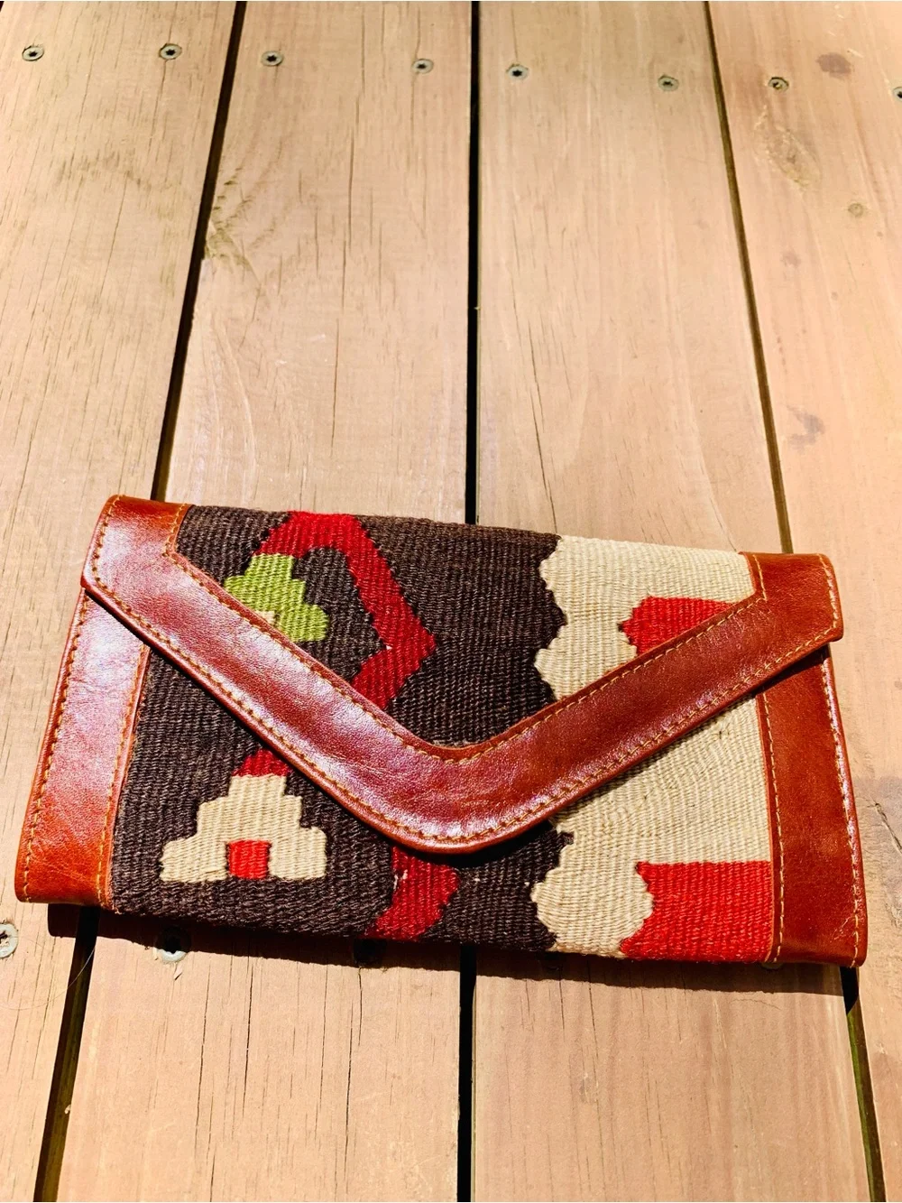 Handwoven Envelope Clutch with Brown Leather Trim in Brown and Red